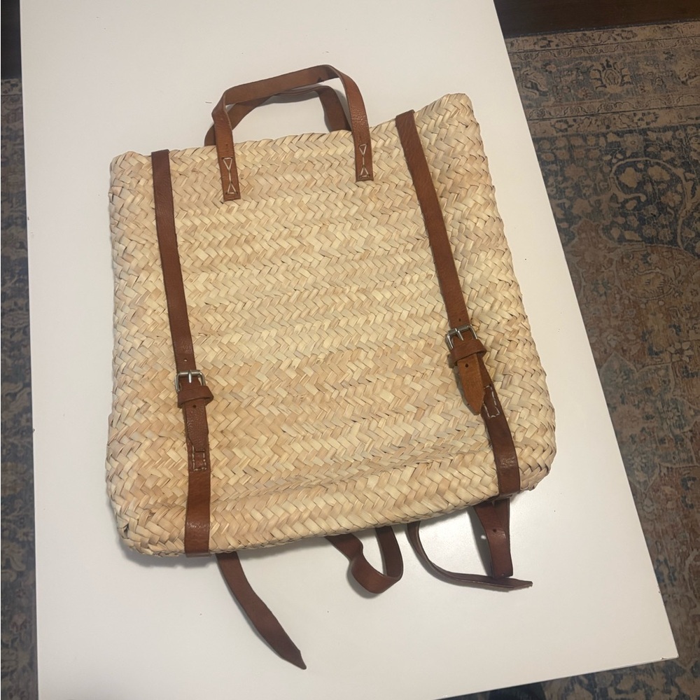 Woven Straw Backpack with Brown Straps